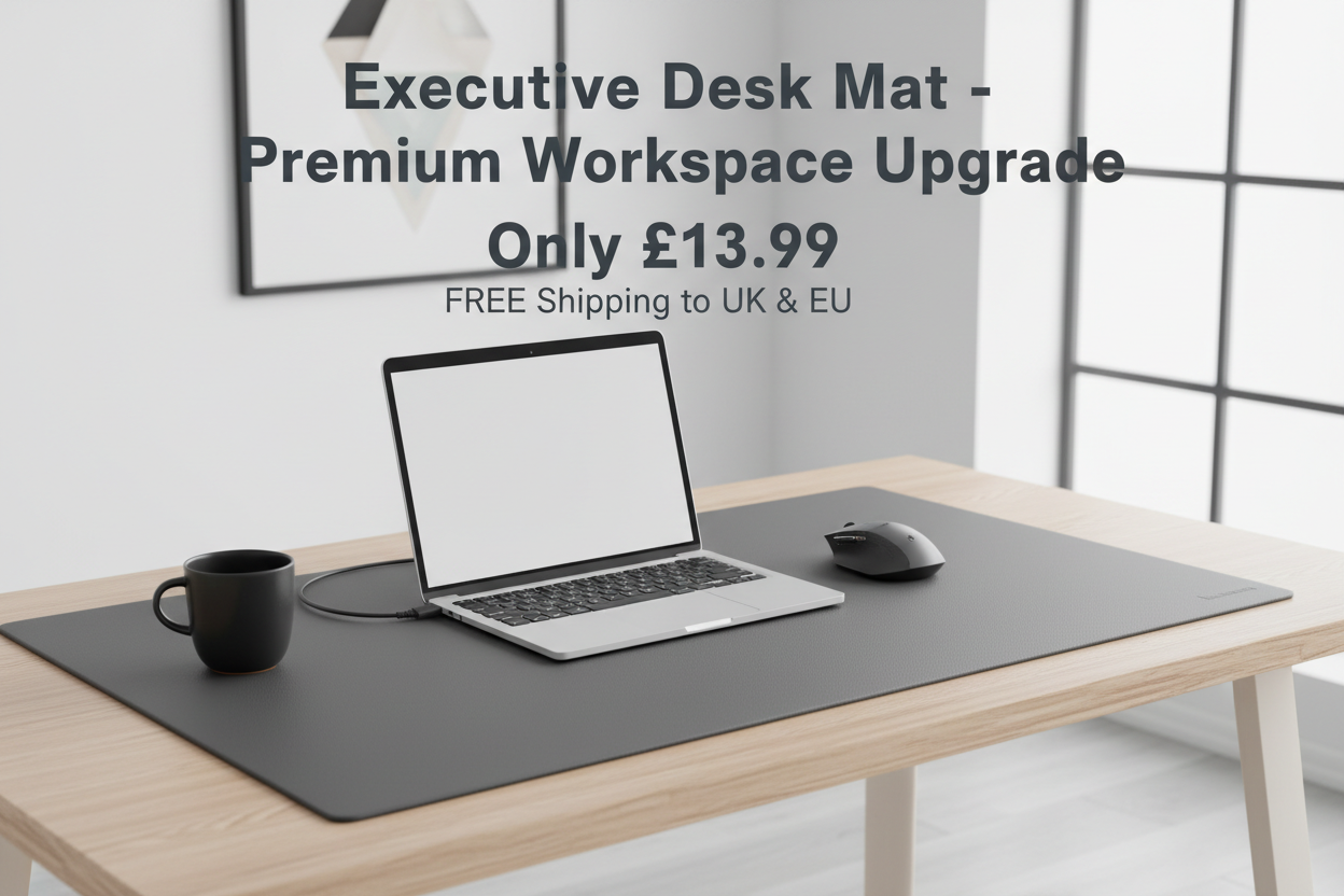 Create a advertising photo of Executive Desk Mat — Premium Workspace Upgrade for only £13.99 FREE shipping tu UK and EU 