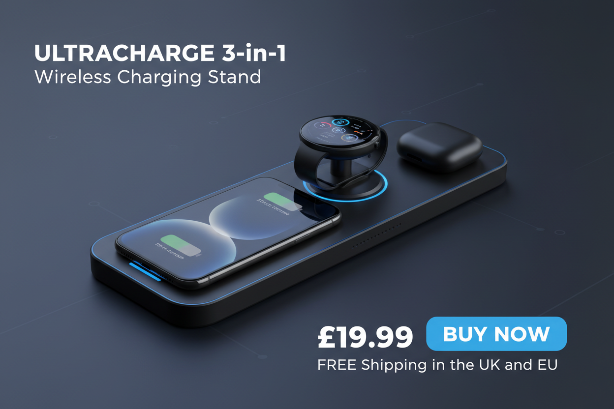 Create a banner on a black font 3in1 Wireless charger stand Buy now for only £19.99 with FREE Shipping in the UK and EU 